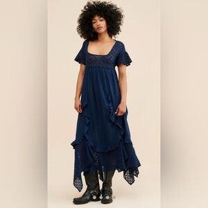 Free People Navy Blue Maxi Dress, Ruffle Trim, lace bust and hem